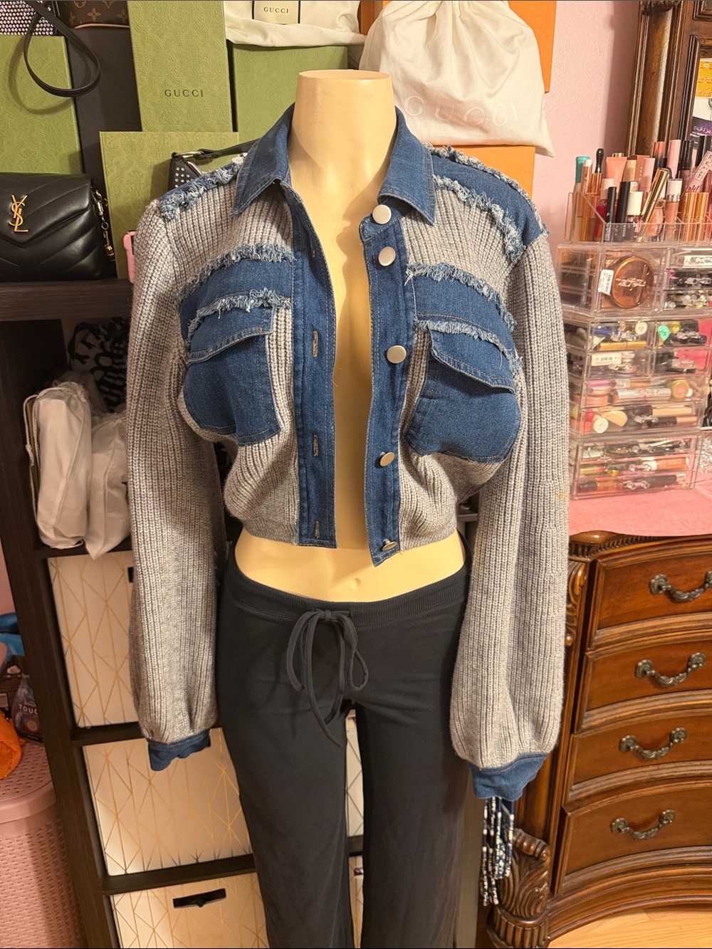 Fashion Nova Blue Denim and Light Gray Ribbed Frayed Cropped Jacket